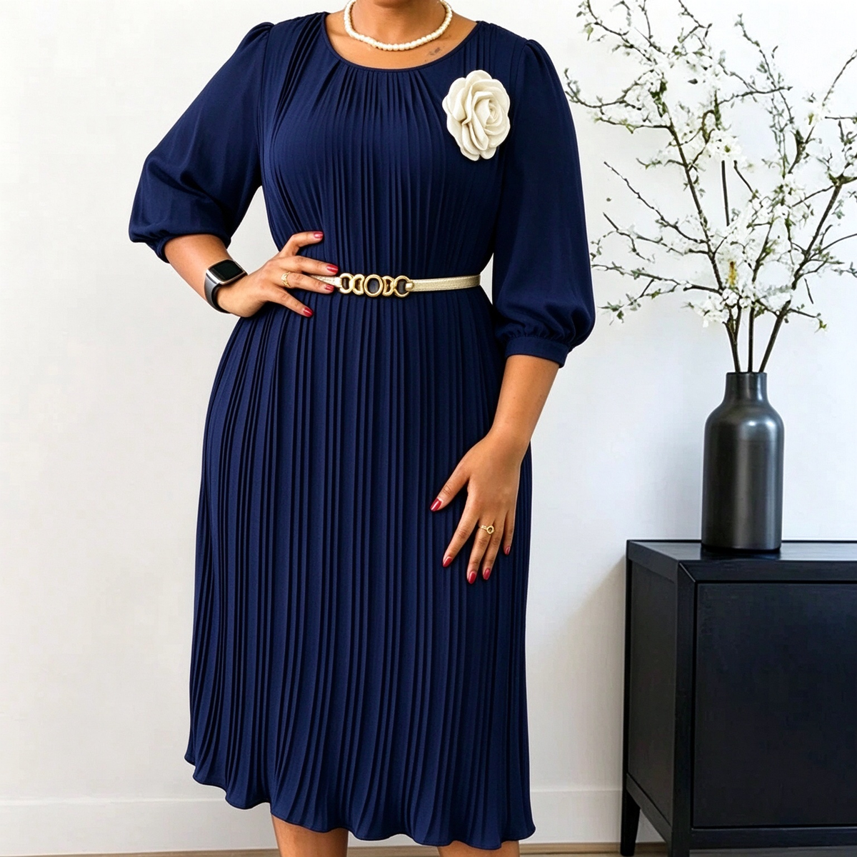 Women's 3/4 Sleeve Pleated Midi Dress with Belt