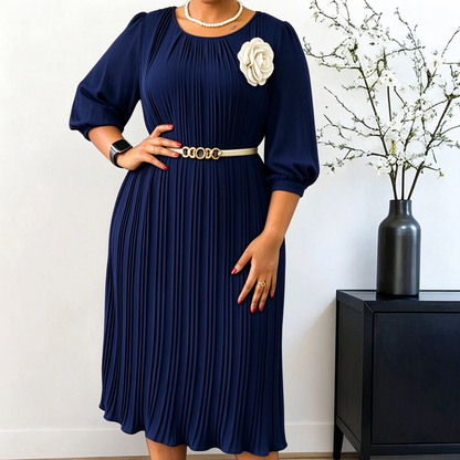 Women's 3/4 Sleeve Pleated Midi Dress with Belt
