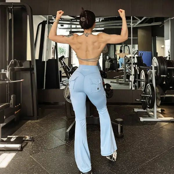 Women's Workout Flare Leggings with Pockets Hidden Scrunch High Waisted Cargo Gym Yoga