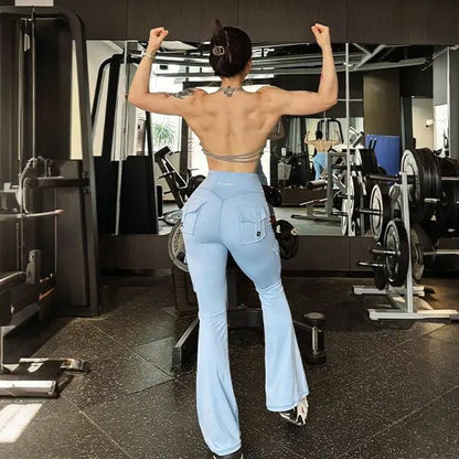 Women's Workout Flare Leggings with Pockets Hidden Scrunch High Waisted Cargo Gym Yoga