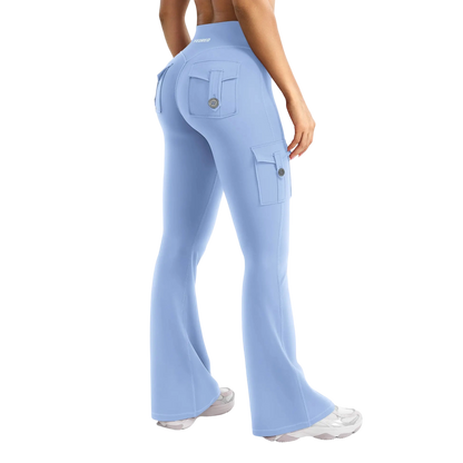 Women's Workout Flare Leggings with Pockets Hidden Scrunch High Waisted Cargo Gym Yoga