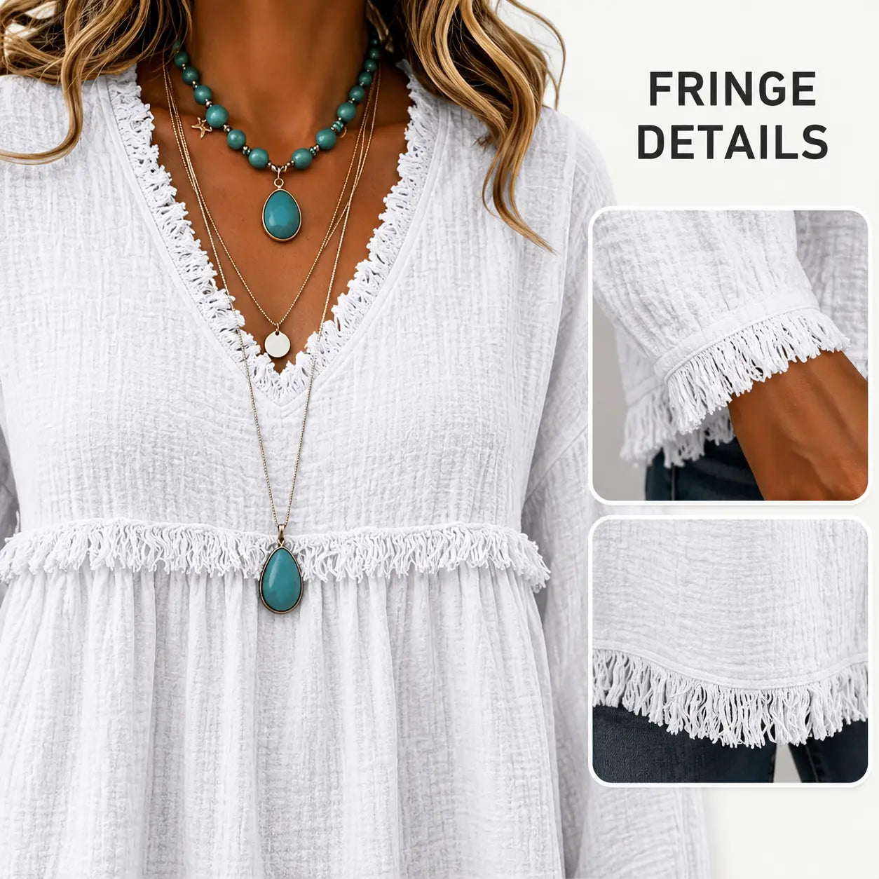 Women's Boho V Neck Long Sleeve Fringe Top Plus Size