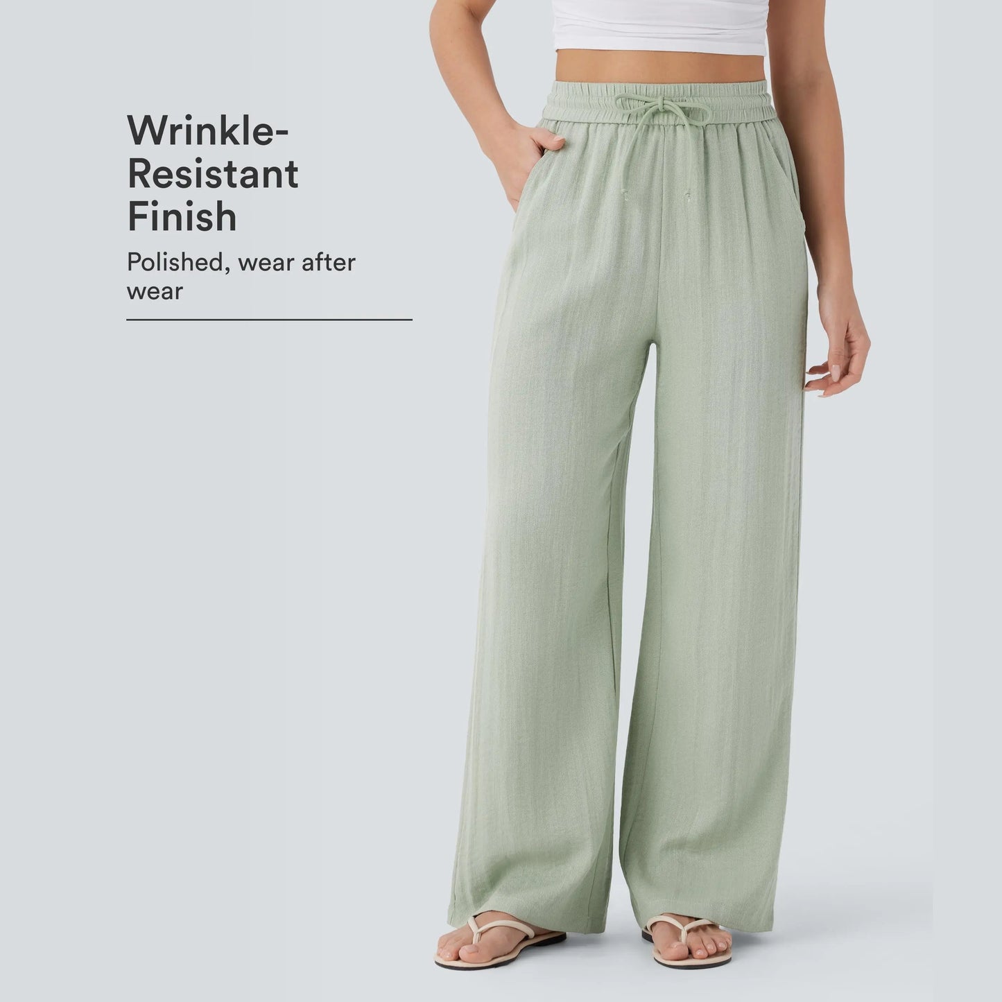 High-Waisted Drawstring Wide-Leg Linen-Feel Pants with Pockets