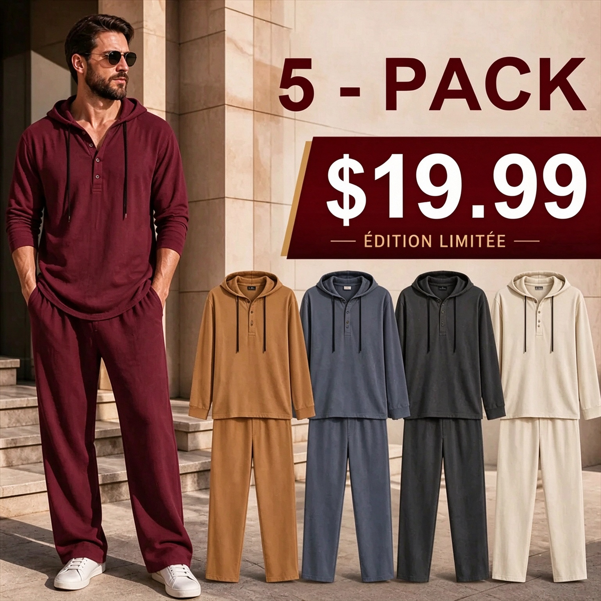 ⏰Clearance Sale⚡ Two-Piece Linen Set with Hooded Henley Top and Relaxed Trousers