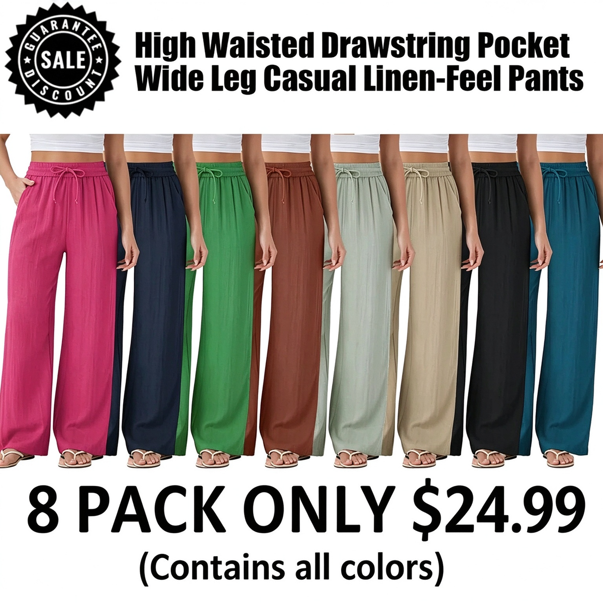 ⏰Clearance Sale⚡High Waisted Drawstring Pocket Wide Leg Casual Linen-Feel Pants