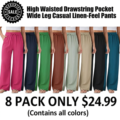⏰Clearance Sale⚡High Waisted Drawstring Pocket Wide Leg Casual Linen-Feel Pants