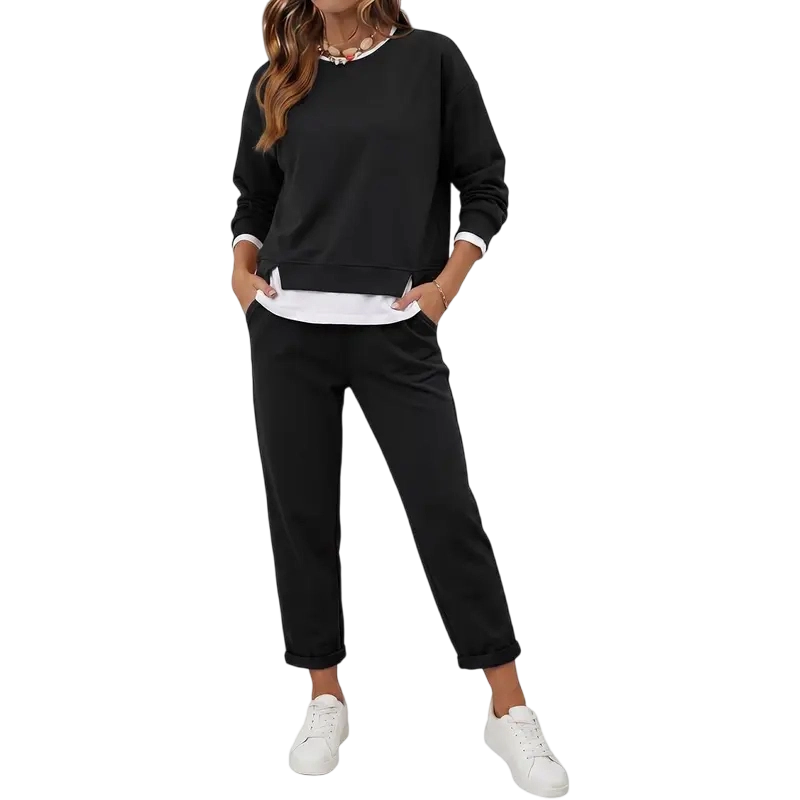 Women's 2 Piece Set Fake Layering   Crewneck Fleece Long