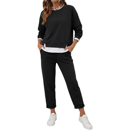 Women's 2 Piece Set Fake Layering   Crewneck Fleece Long