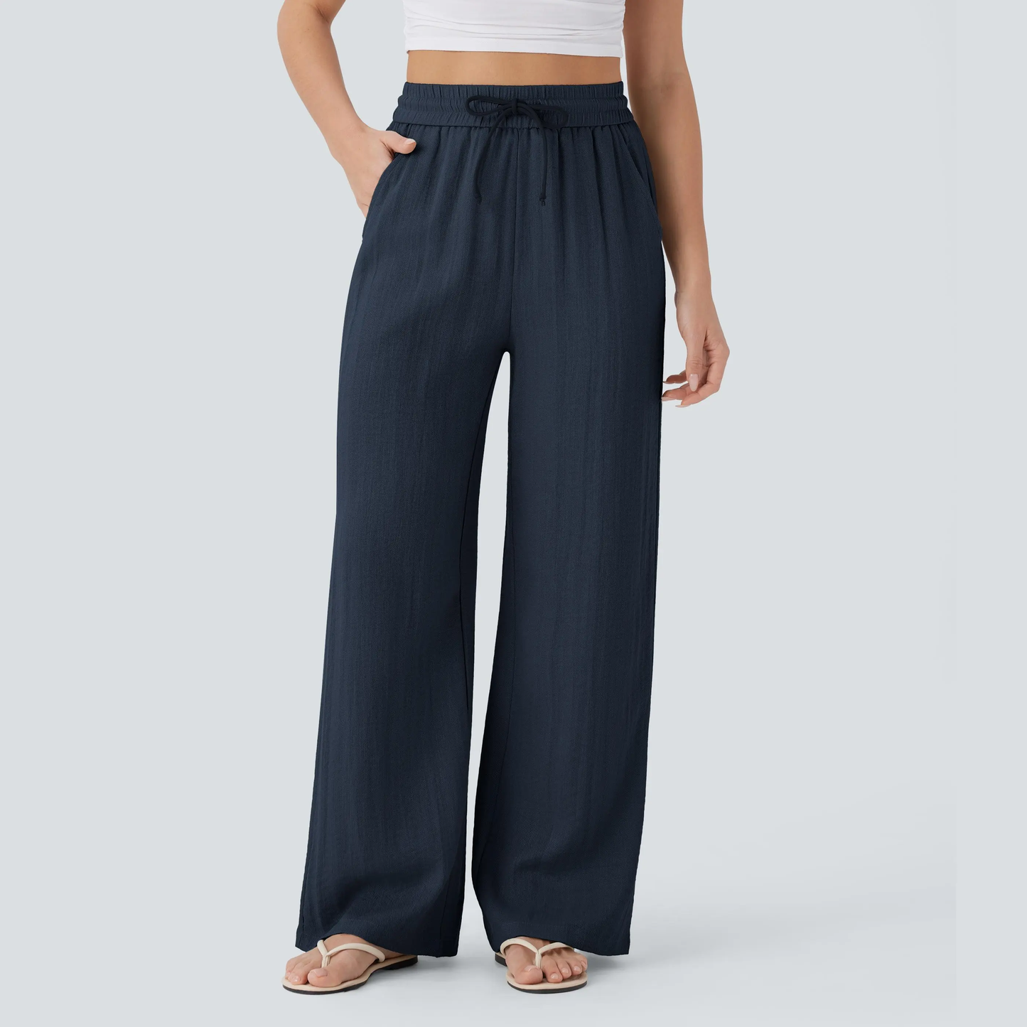 High-Waisted Drawstring Wide-Leg Linen-Feel Pants with Pockets