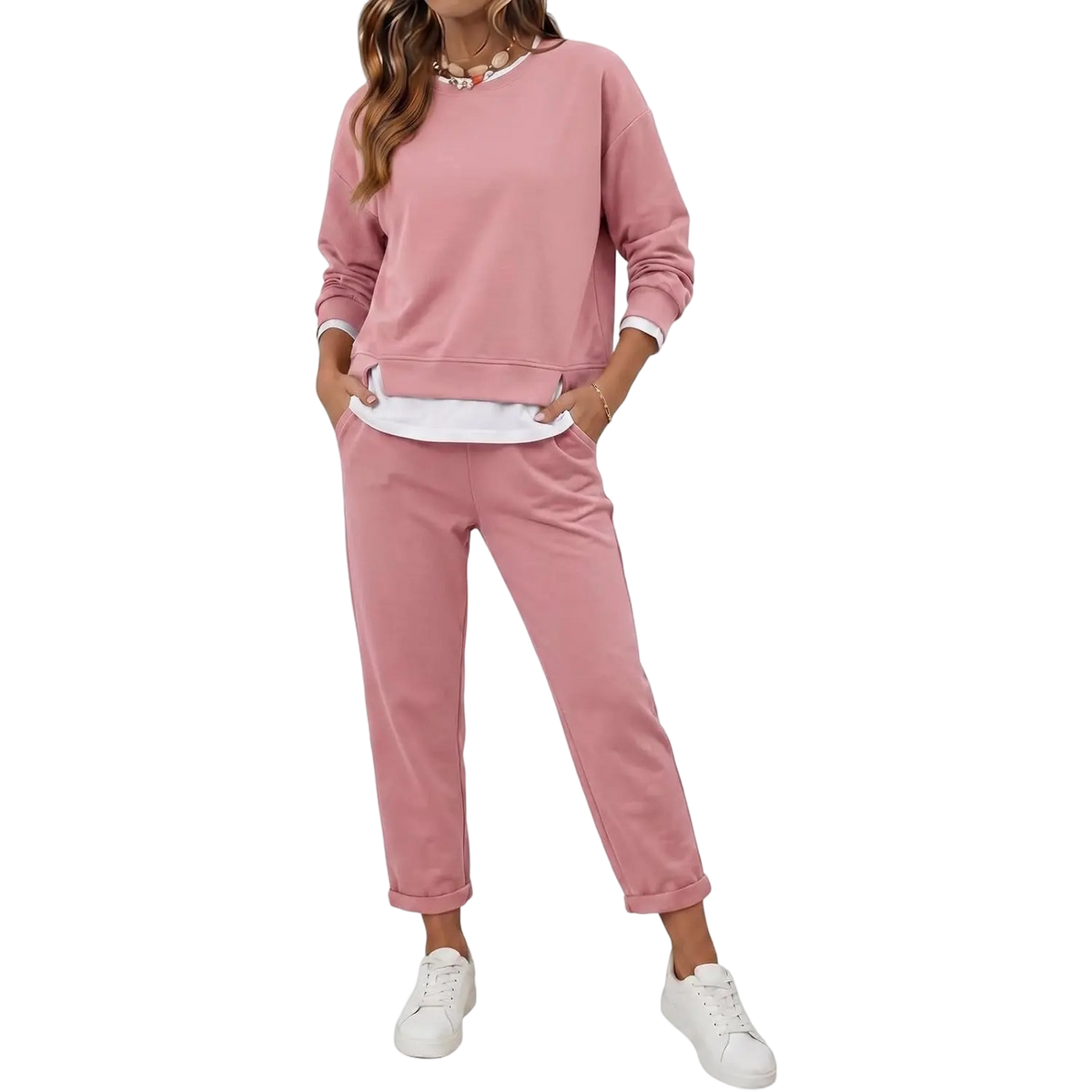 Women's 2 Piece Set Fake Layering   Crewneck Fleece Long