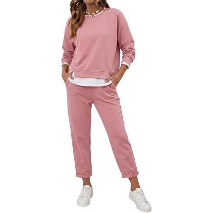 Women's 2 Piece Set Fake Layering   Crewneck Fleece Long