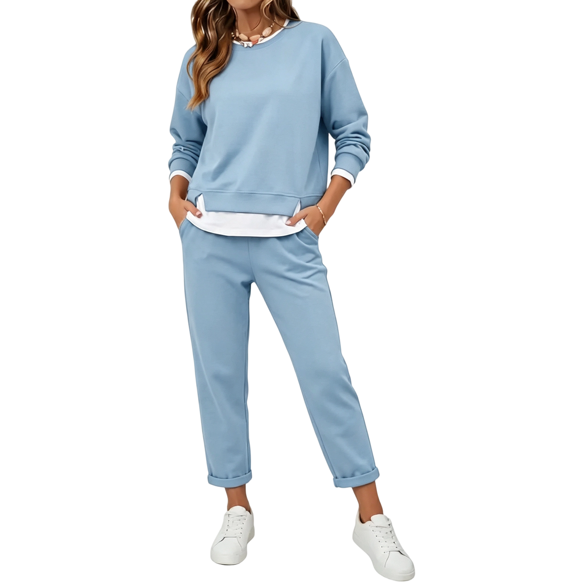 Women's 2 Piece Set Fake Layering   Crewneck Fleece Long