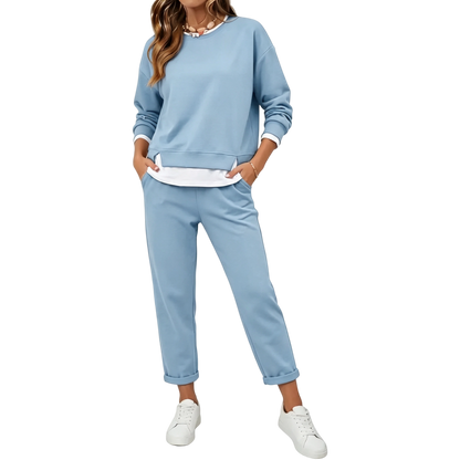 Women's 2 Piece Set Fake Layering   Crewneck Fleece Long