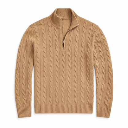 Men's Cable Knit Quarter Zip Sweater, Classic Long Sleeve Pullover with Ribbed Collar