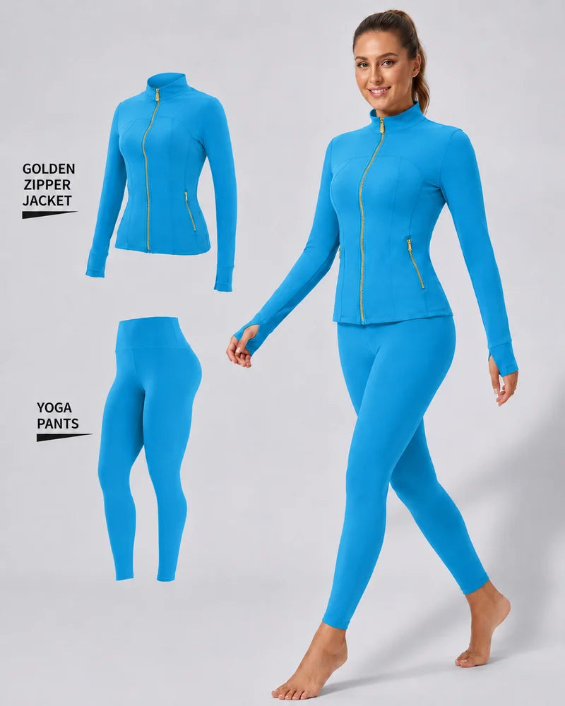 Women's Gold-Color Zip-Up Jacket & Yoga Leggings Set