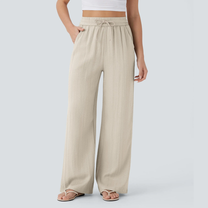 High-Waisted Drawstring Wide-Leg Linen-Feel Pants with Pockets