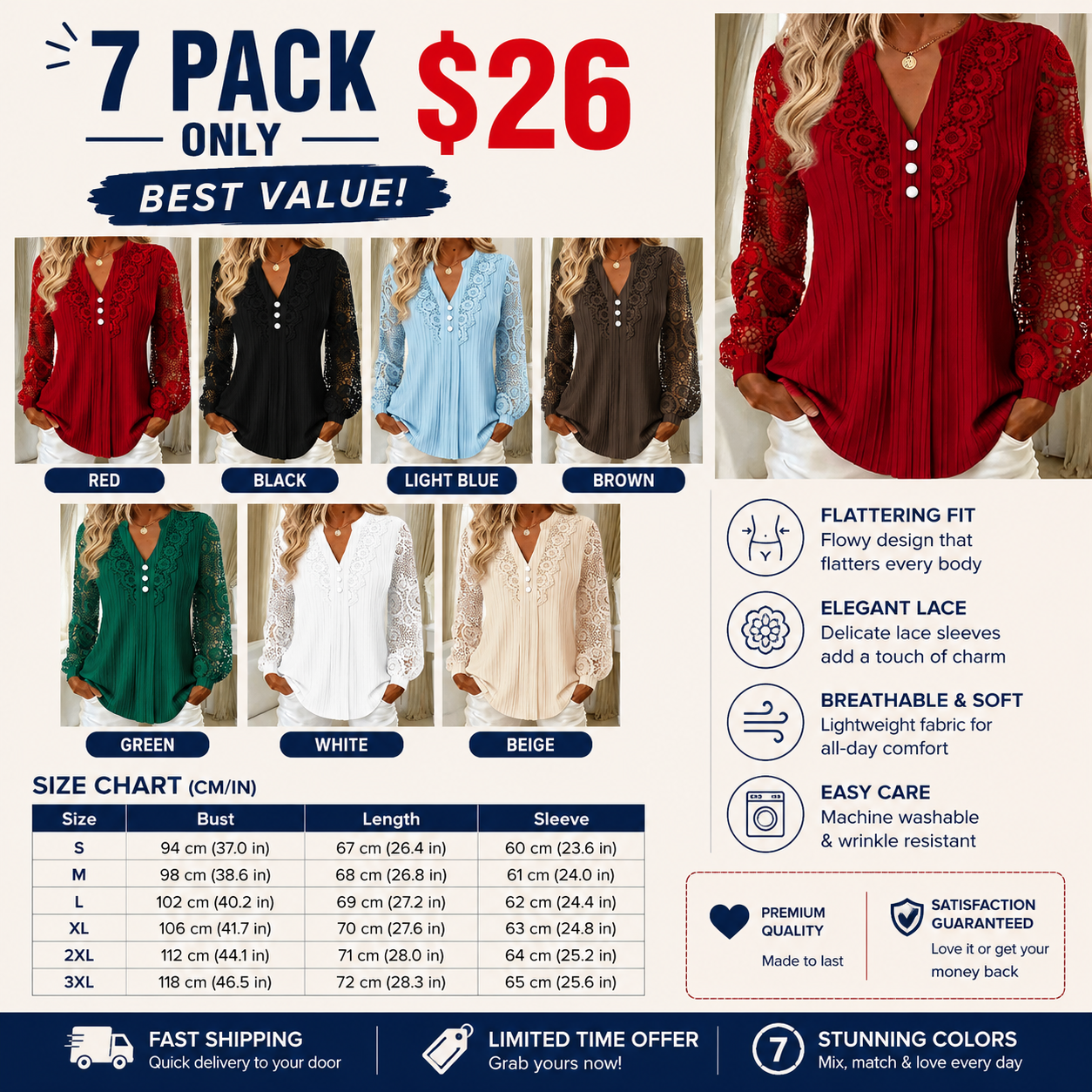 Women's Lace Patchwork V-Neck Long Sleeve Top