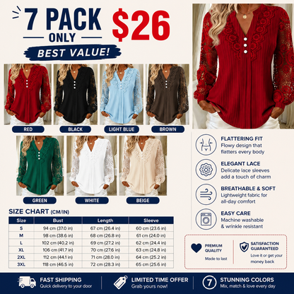 Women's Lace Patchwork V-Neck Long Sleeve Top