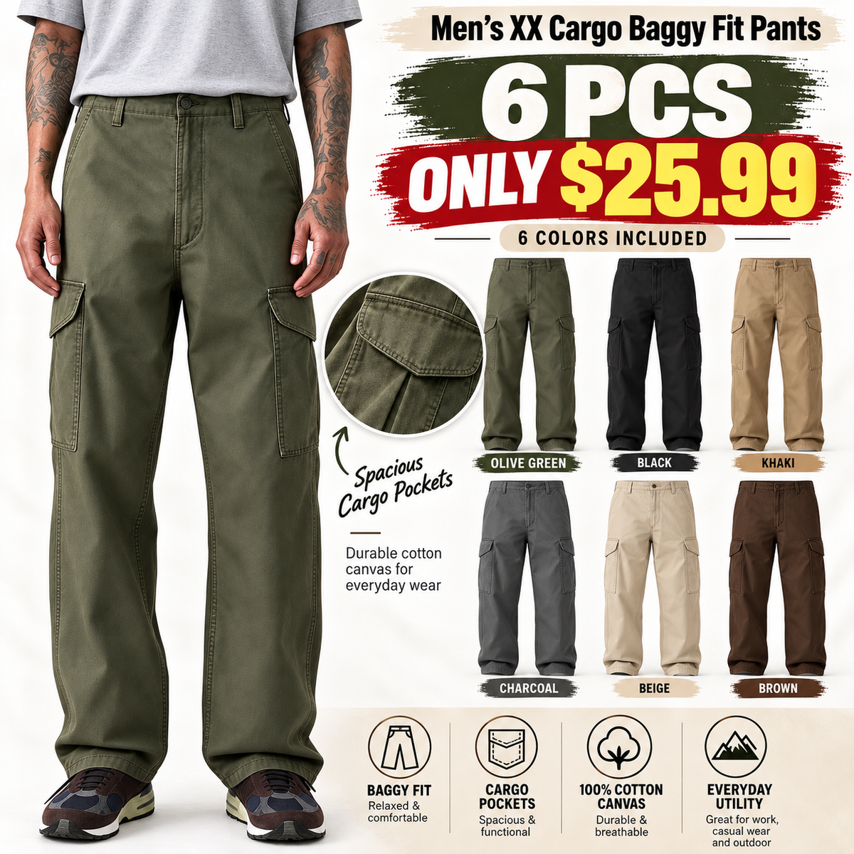 🔥 BESTSELLER | 6PCS $25.99 | Men's XX Cargo Baggy Fit Pants