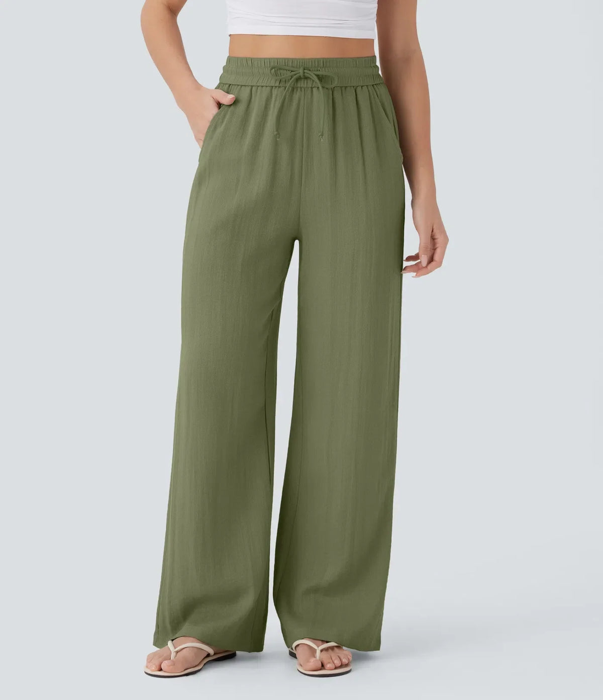 ⏰Clearance Sale⚡High Waisted Drawstring Pocket Wide Leg Casual Linen-Feel Pants