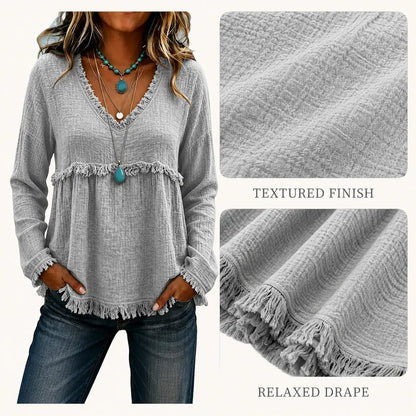Women's Boho V Neck Long Sleeve Fringe Top Plus Size