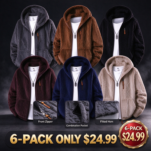 Men's Jacquard Thermal Fleece Zip-Up Hoodie, Loose Fit Warm Plush Texture Hooded Jacket with Kangaroo Pockets