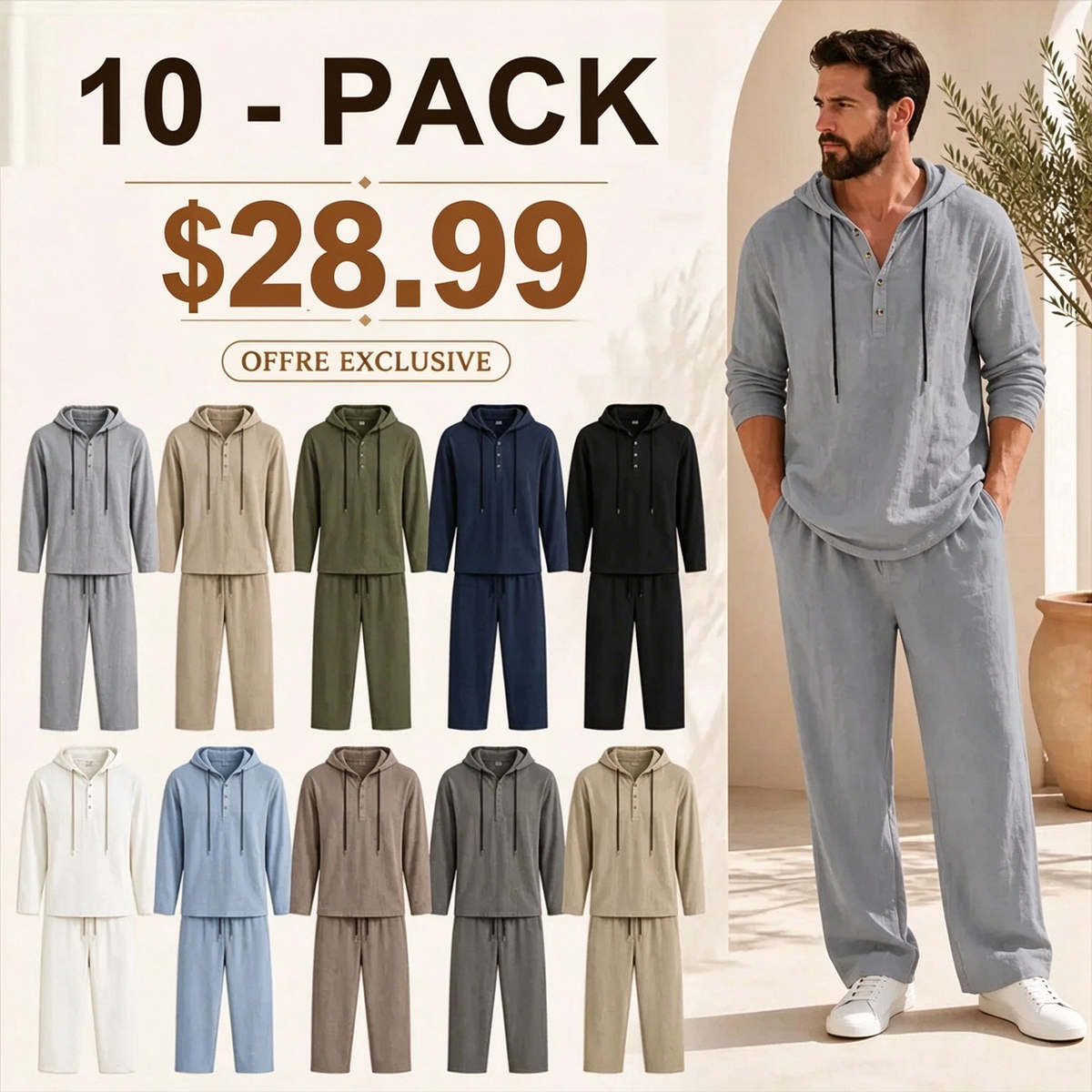 ⏰Clearance Sale⚡ Two-Piece Linen Set with Hooded Henley Top and Relaxed Trousers