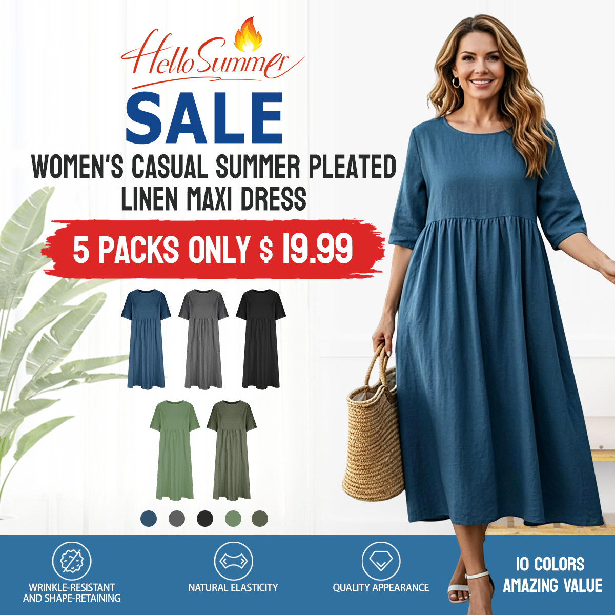 WOMEN'S CASUAL SUMMER PLEATED LINEN MAXI DRESS