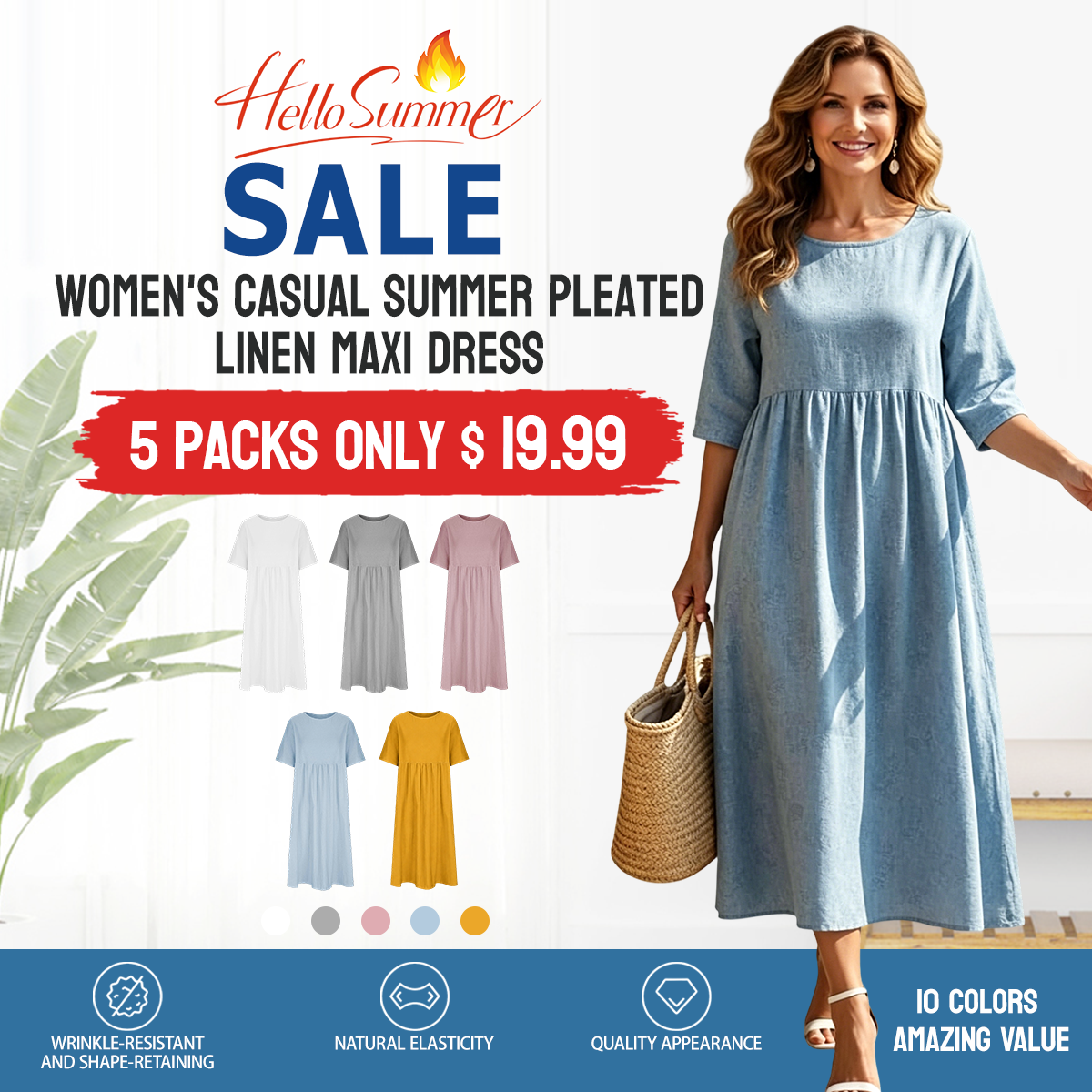 WOMEN'S CASUAL SUMMER PLEATED LINEN MAXI DRESS