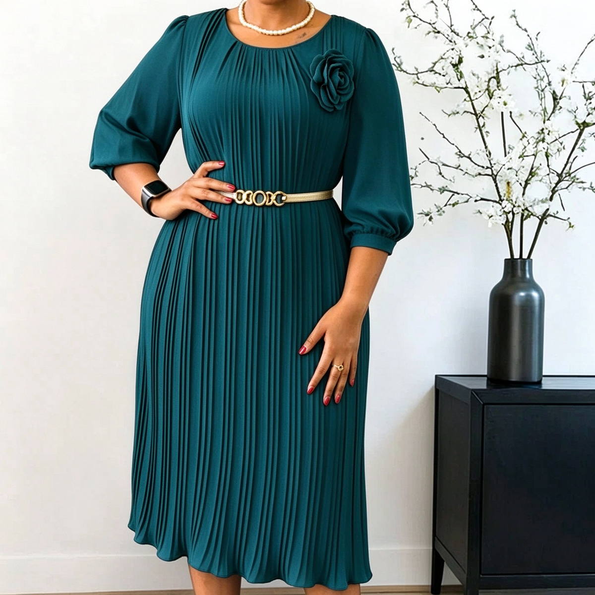 Women's 3/4 Sleeve Pleated Midi Dress with Belt
