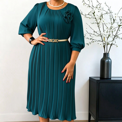Women's 3/4 Sleeve Pleated Midi Dress with Belt