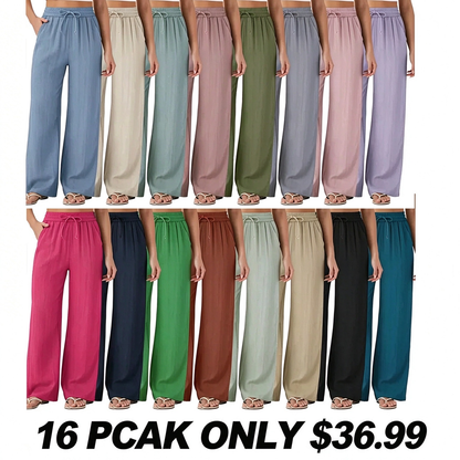 ⏰Clearance Sale⚡High Waisted Drawstring Pocket Wide Leg Casual Linen-Feel Pants