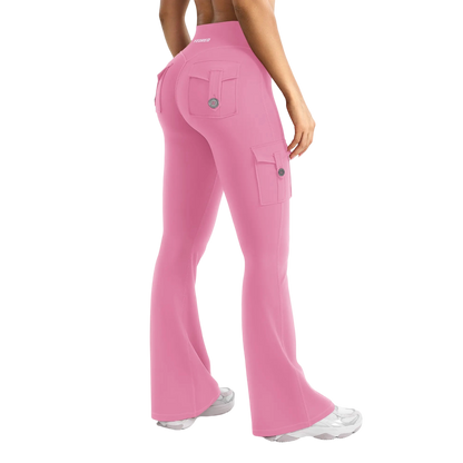 Women's Workout Flare Leggings with Pockets Hidden Scrunch High Waisted Cargo Gym Yoga