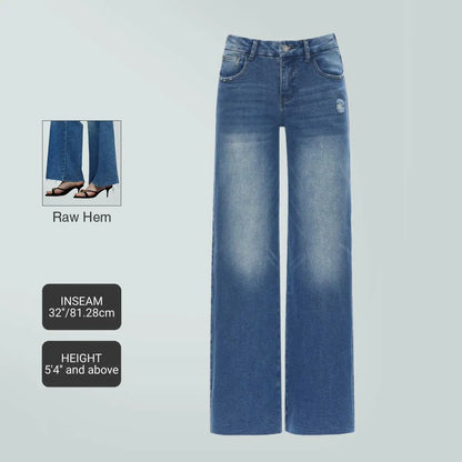 Mid-low Rise Baggy Jeans Stretchy Wide Leg for Women Distressed Pants