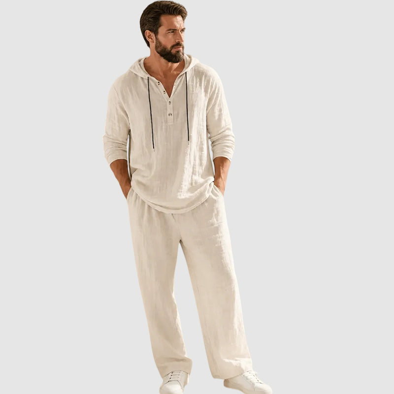 ⏰Clearance Sale⚡ Two-Piece Linen Set with Hooded Henley Top and Relaxed Trousers