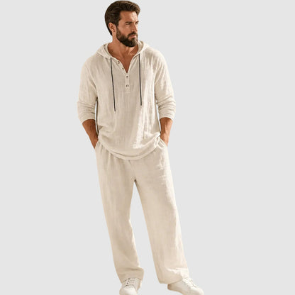 ⏰Clearance Sale⚡ Two-Piece Linen Set with Hooded Henley Top and Relaxed Trousers