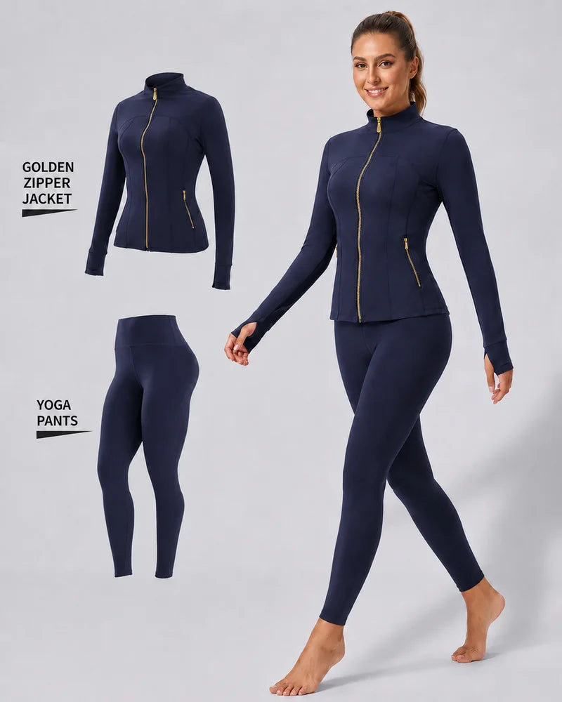 Women's Gold-Color Zip-Up Jacket & Yoga Leggings Set