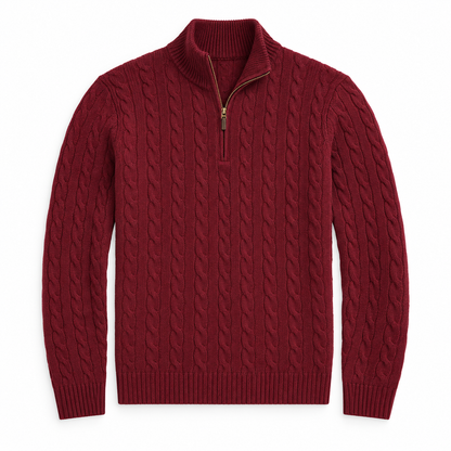 Men's Cable Knit Quarter Zip Sweater, Classic Long Sleeve Pullover with Ribbed Collar