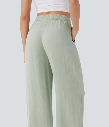 ⏰Clearance Sale⚡High Waisted Drawstring Pocket Wide Leg Casual Linen-Feel Pants