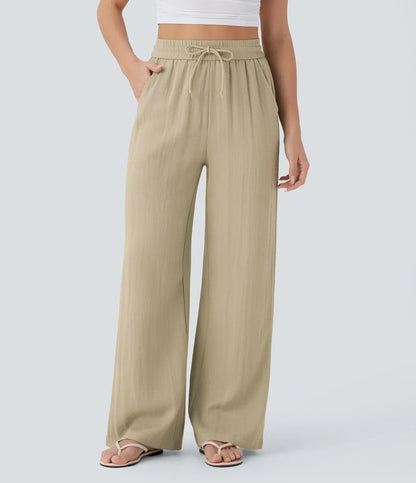 ⏰Clearance Sale⚡High Waisted Drawstring Pocket Wide Leg Casual Linen-Feel Pants