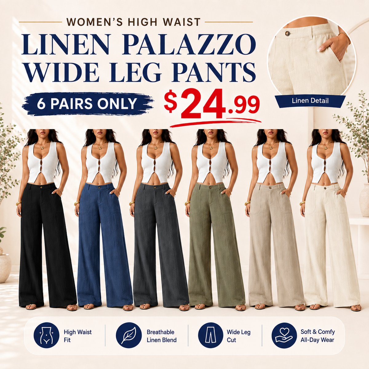 Women's High Waist Linen Palazzo Wide Leg Pants