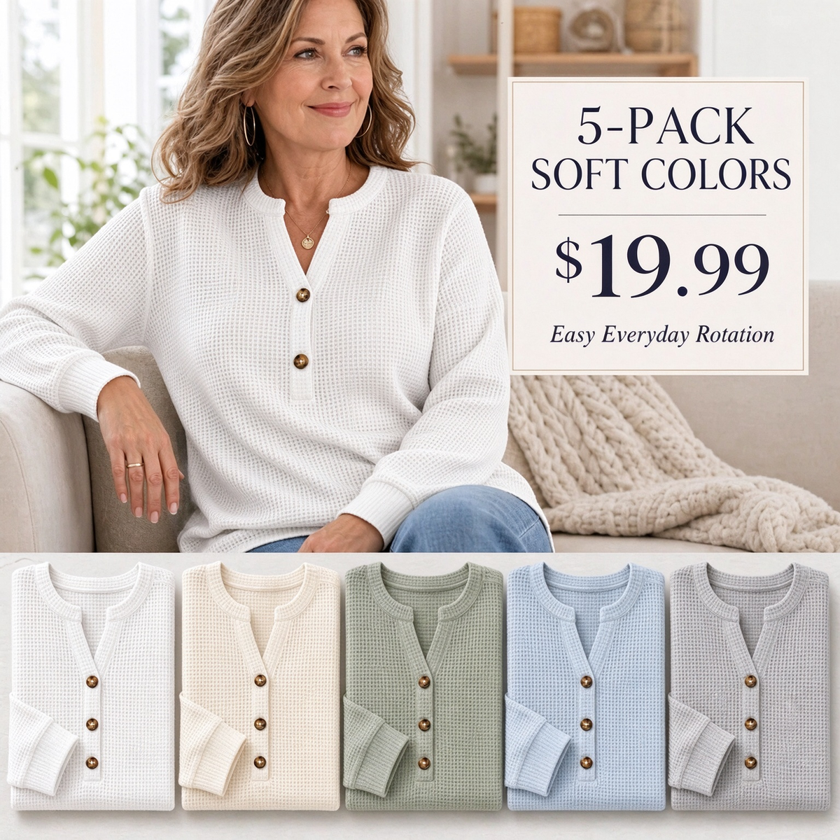 Women's Waffle Knit Long Sleeve Henley Top