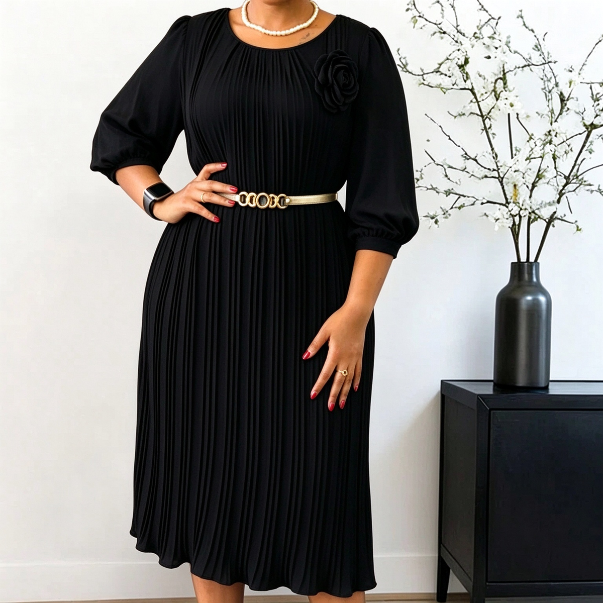 Women's 3/4 Sleeve Pleated Midi Dress with Belt