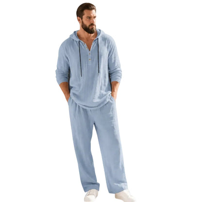 ⏰Clearance Sale⚡ Two-Piece Linen Set with Hooded Henley Top and Relaxed Trousers
