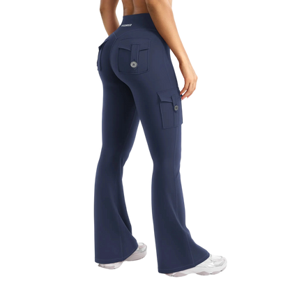 Women's Workout Flare Leggings with Pockets Hidden Scrunch High Waisted Cargo Gym Yoga