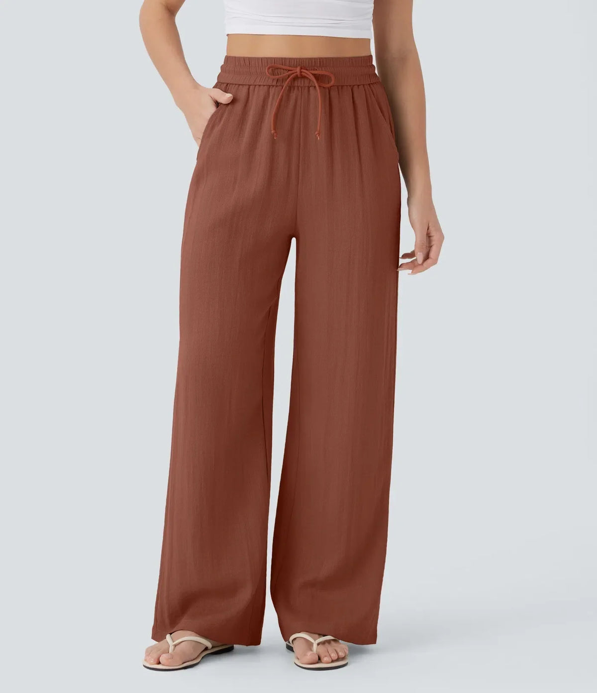 ⏰Clearance Sale⚡High Waisted Drawstring Pocket Wide Leg Casual Linen-Feel Pants