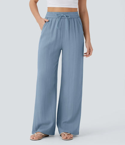 ⏰Clearance Sale⚡High Waisted Drawstring Pocket Wide Leg Casual Linen-Feel Pants