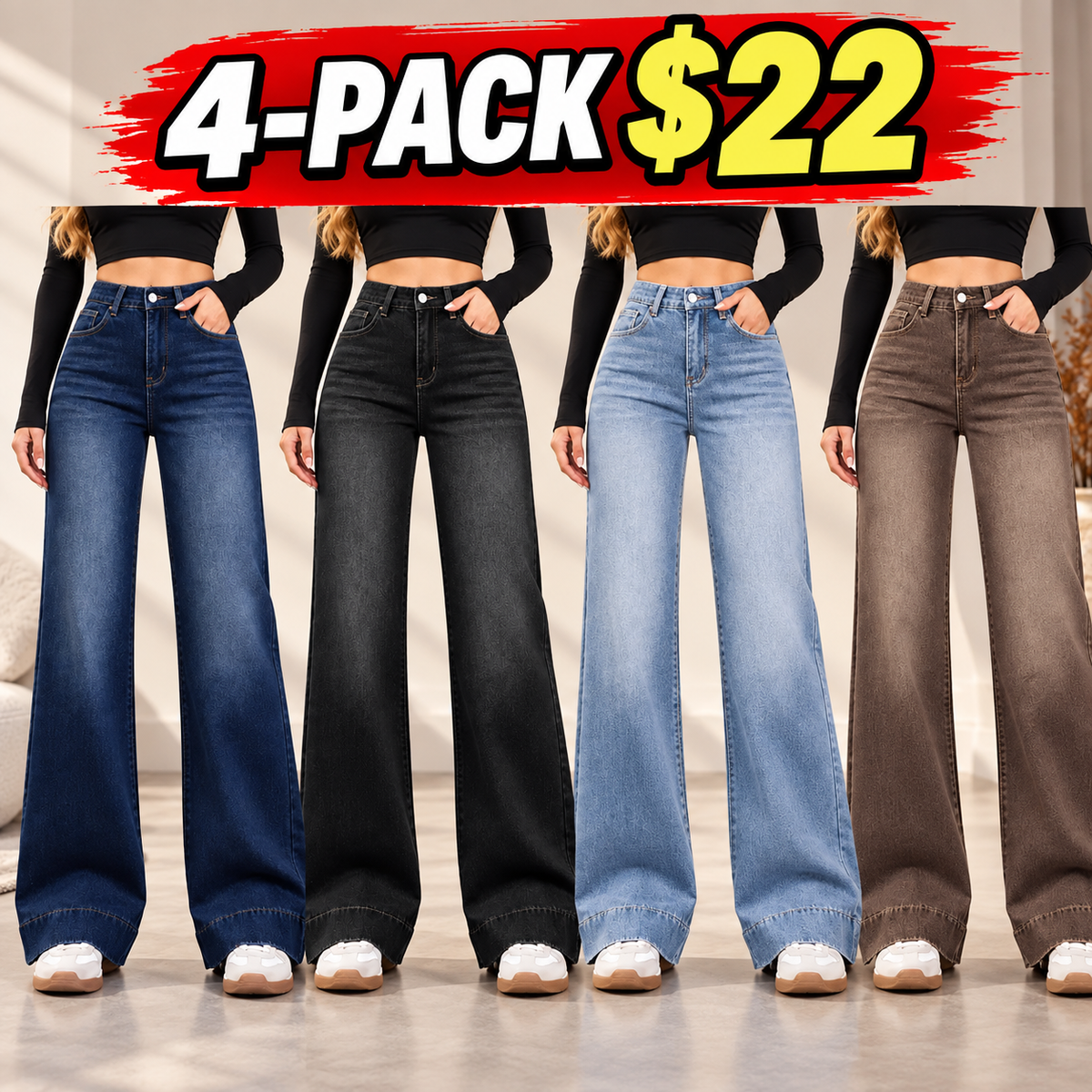 Women's Basic Fleece-Lined High-Waisted Wide-Leg Pocketed Denim Jeans