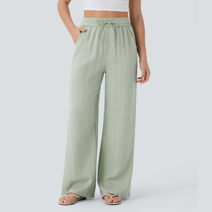 High-Waisted Drawstring Wide-Leg Linen-Feel Pants with Pockets