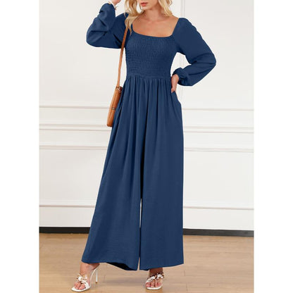 Women's Casual Loose Overalls Jumpsuits One Piece Long Sleeve Wide Leg Long Pant Rompers With Pockets